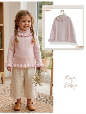 🌿Gymboree Vintage Girls 3T Pink Ruffle Collar Cotton Sweater Bow Wrists Classy